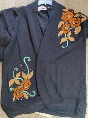Vintage Open Front Cardigan Heavy Floral Appliqué Beaded  Wool Blend Cottagecore